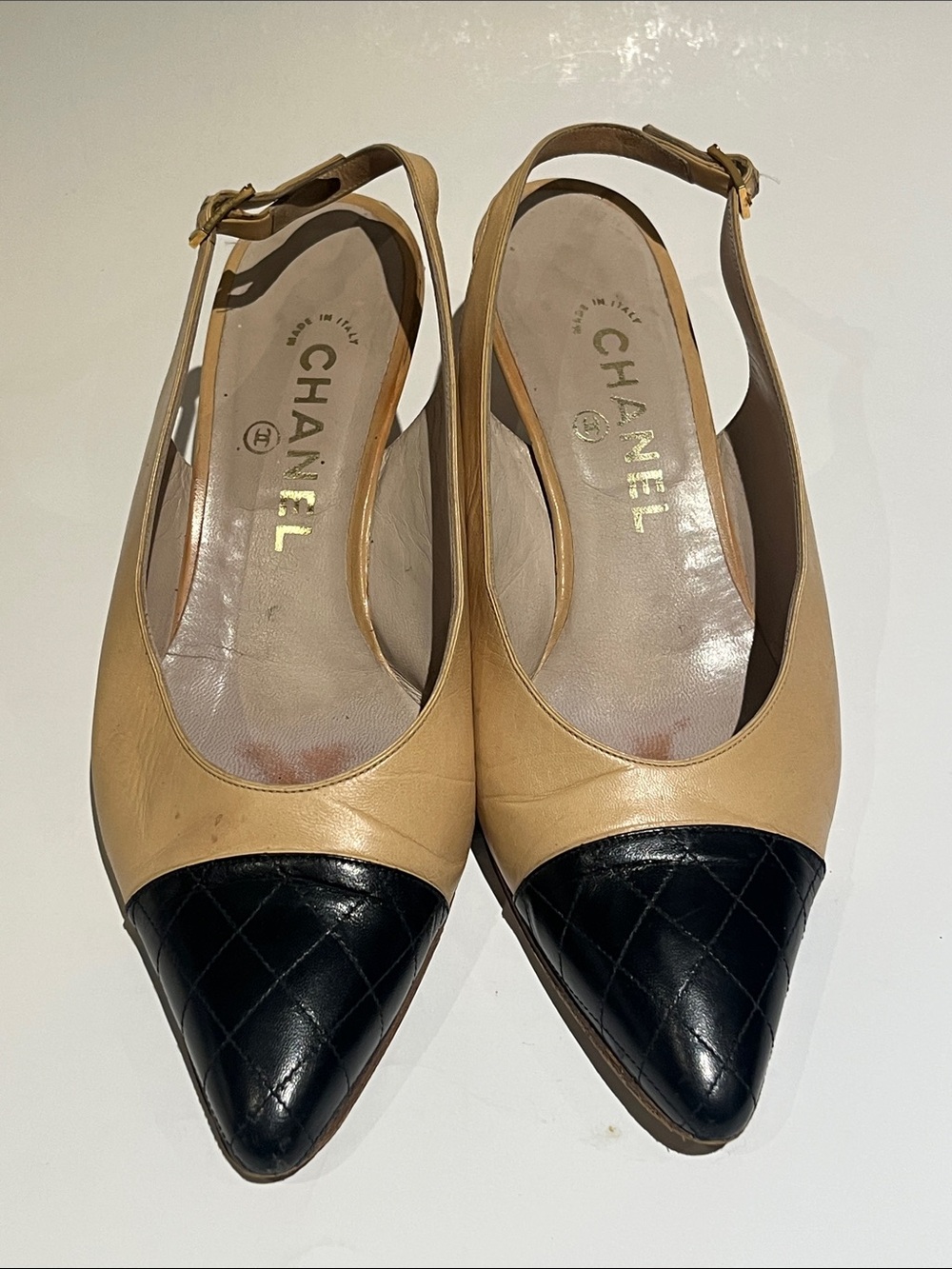 CHANEL Beige Leather Slingback Heels with Black Quilted Toe - Picture 2 of 11